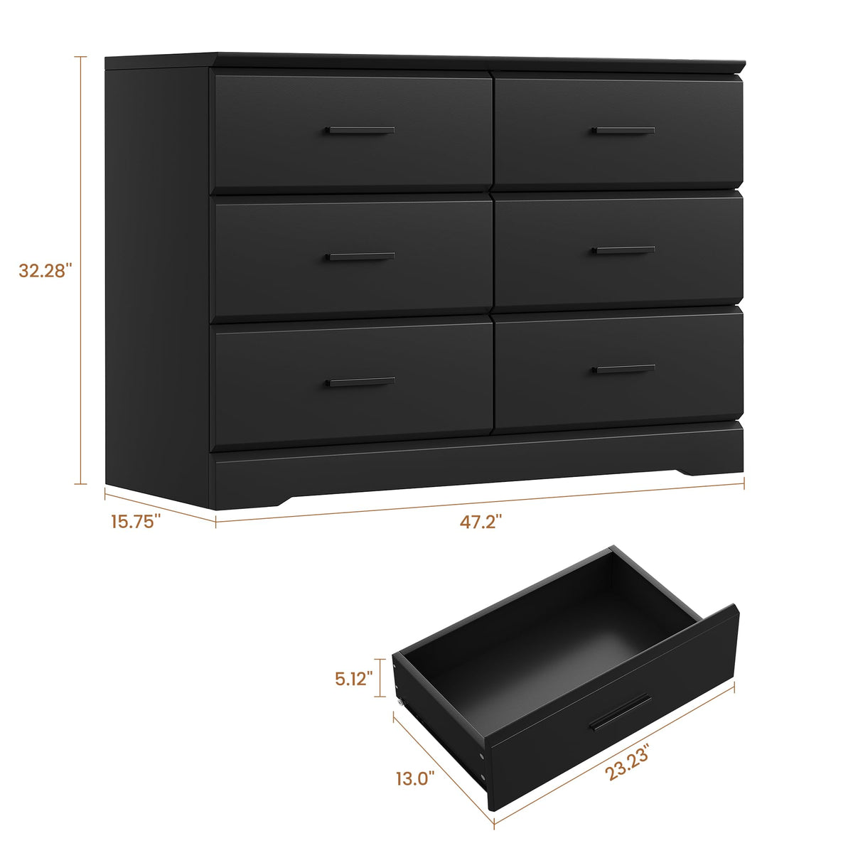 Black 6 Drawer Wood Dresser F699