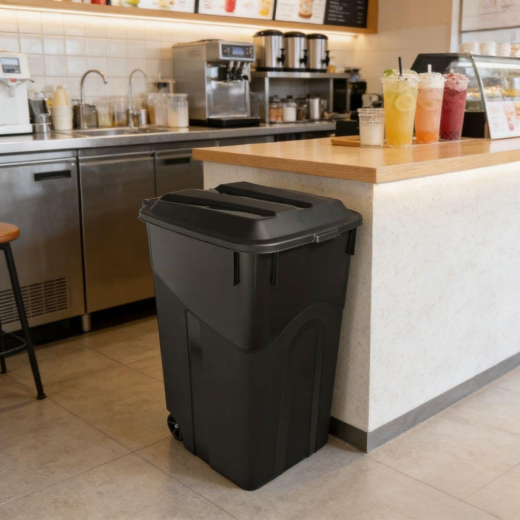 45 Gallon Black Wheeled Garbage Can with Attached Lid W7766