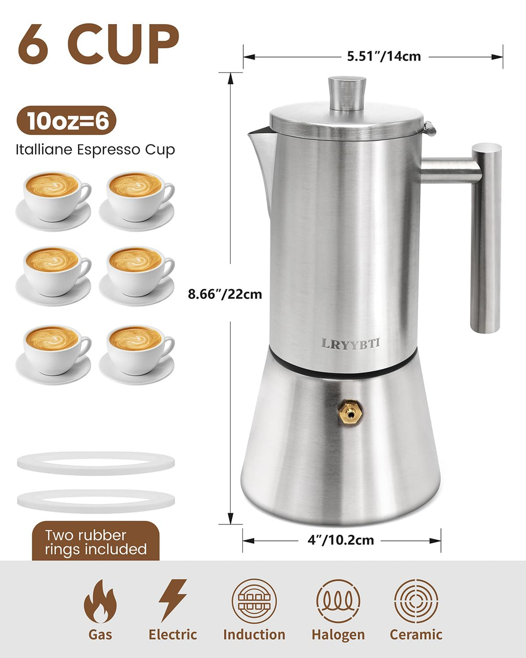 6 Cup Stainless Steel Stovetop Moka Pot L3849