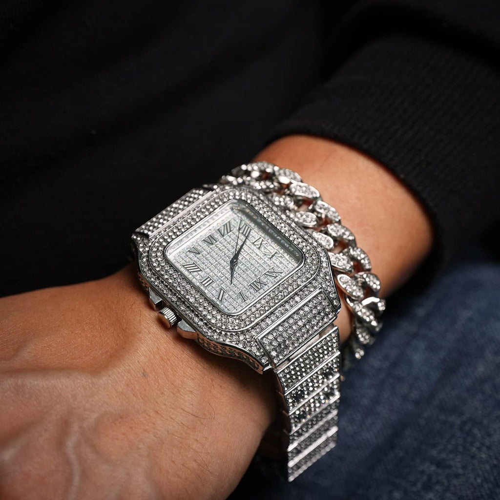 Men's Watch 18K Gold Platinum Plated 40MM Square Dial Diamond Wristband F5792