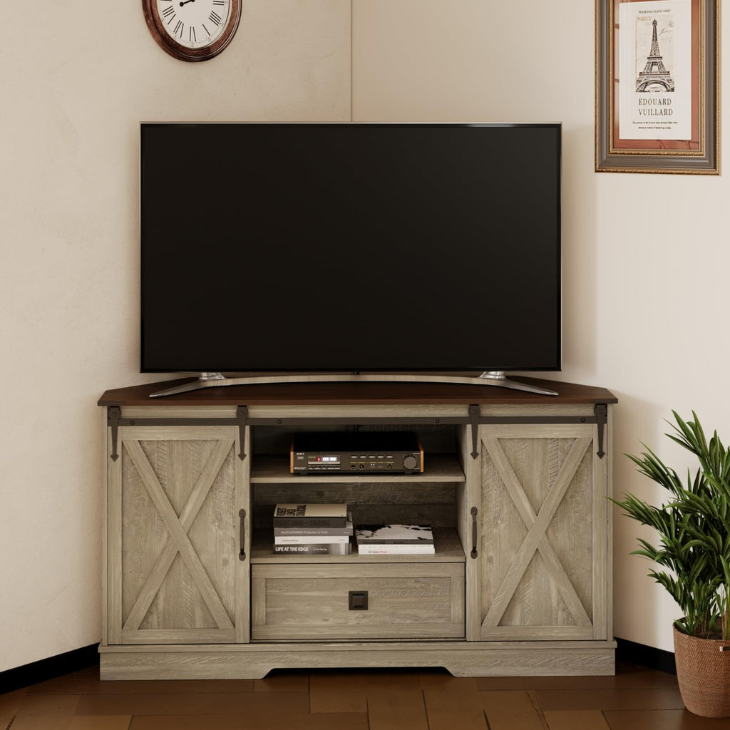 Corner TV Stand with Sliding Barn Door & Removable Shelves L242525