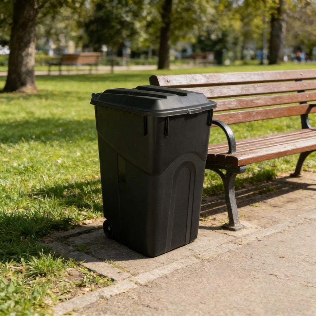 45 Gallon Black Wheeled Garbage Can with Attached Lid W7766