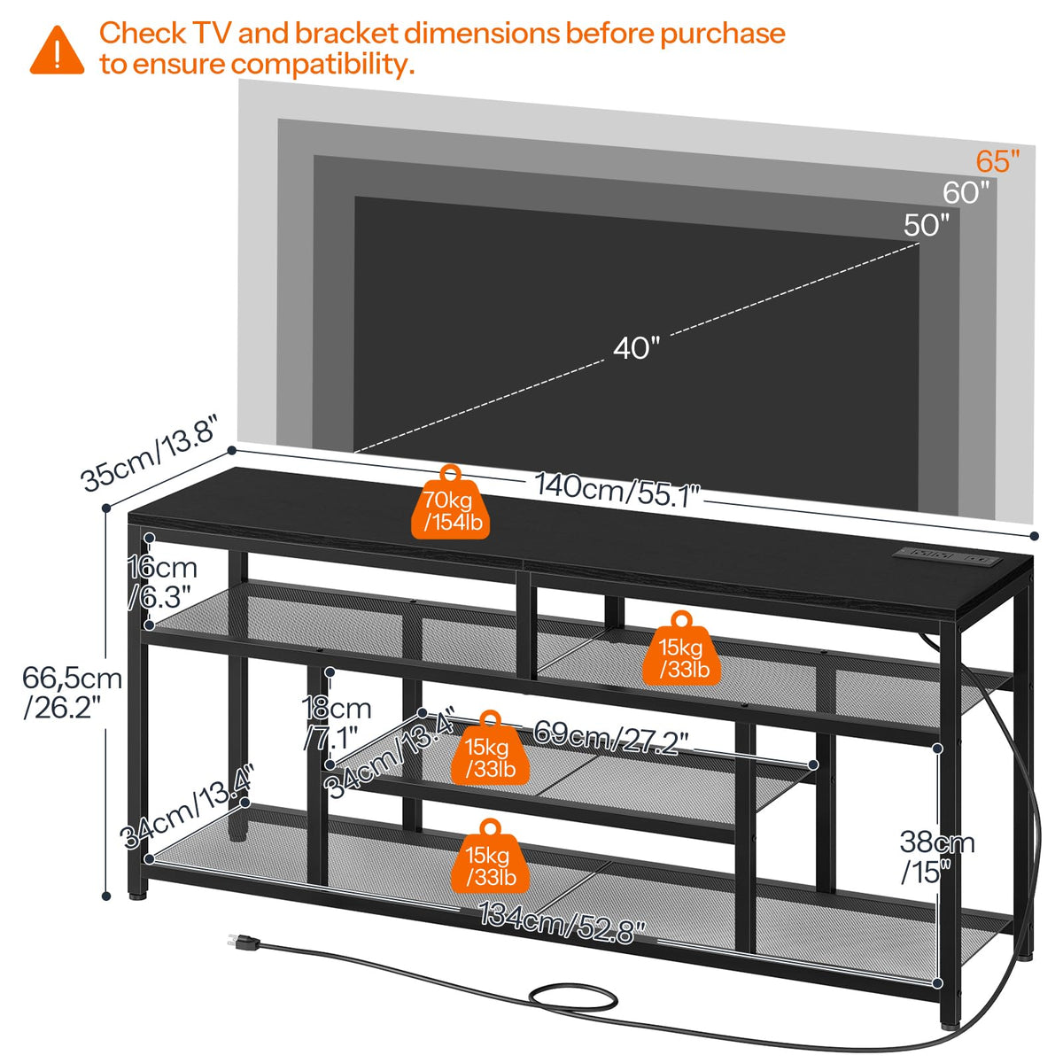Black 4-Tier LED TV Stand with Charging Station A74160