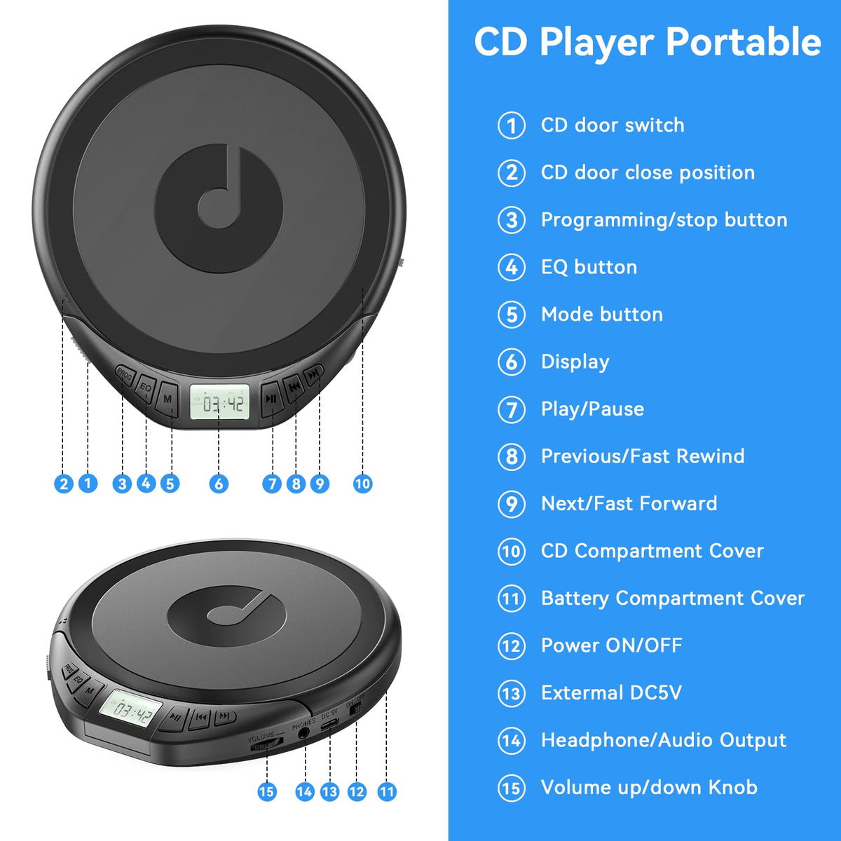 Portable CD Player with Headphones Anti-Skip Shockproof LCD Display U465