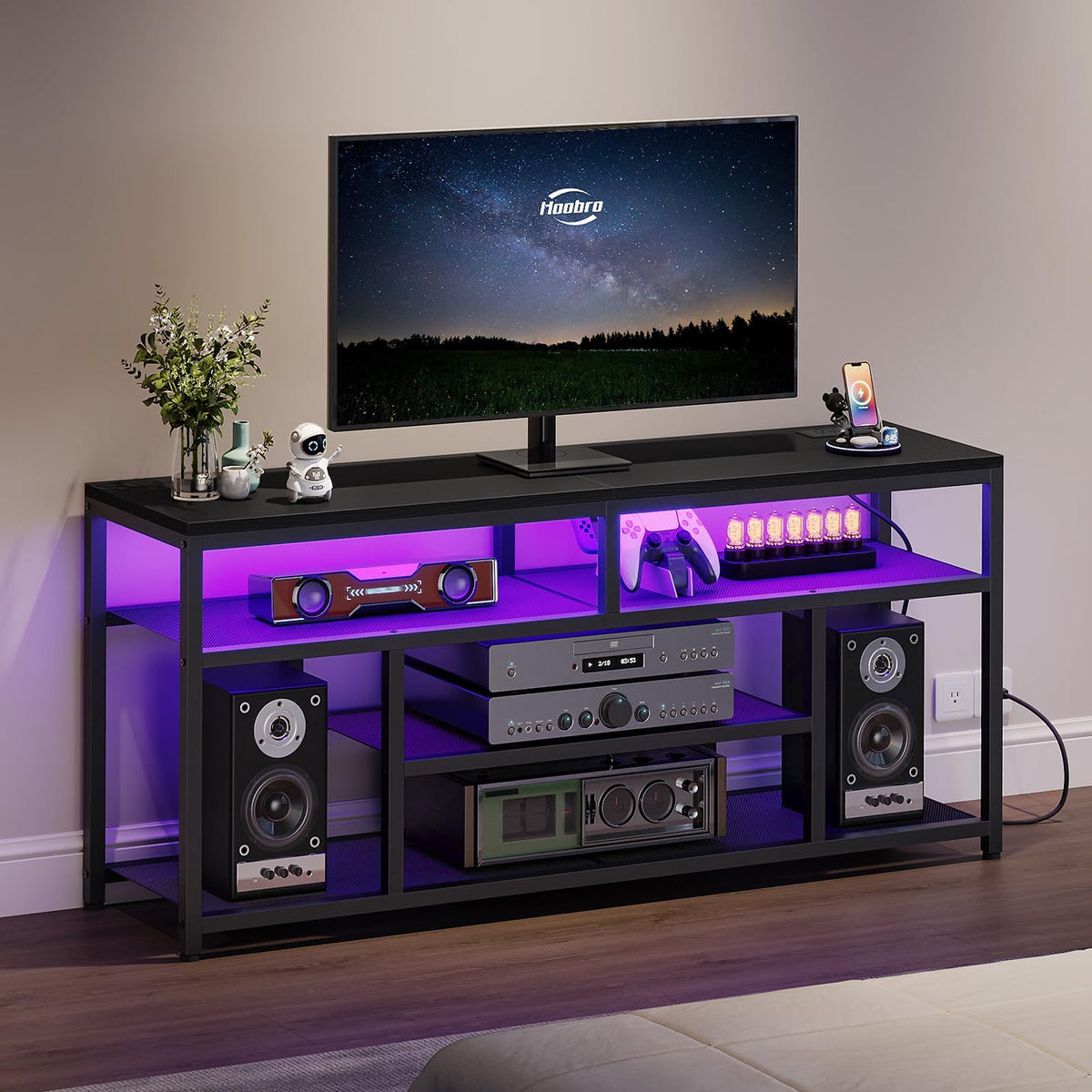 Black 4-Tier LED TV Stand with Charging Station A74160