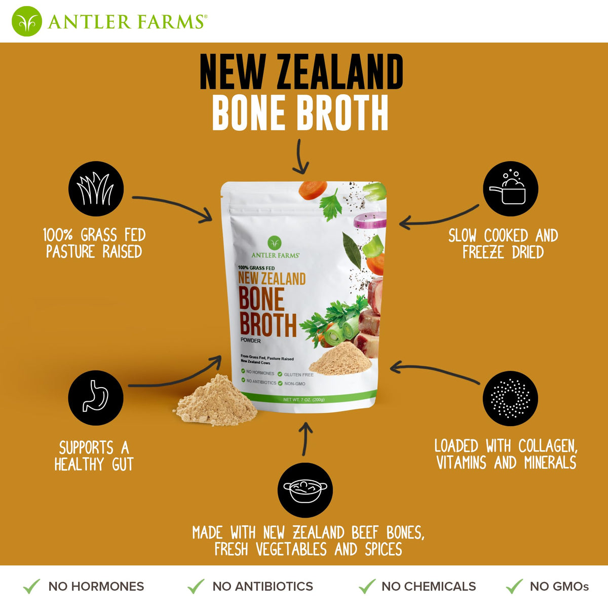 100% Grass Fed New Zealand Bone Broth Powder, 40 Servings, 200g T8569