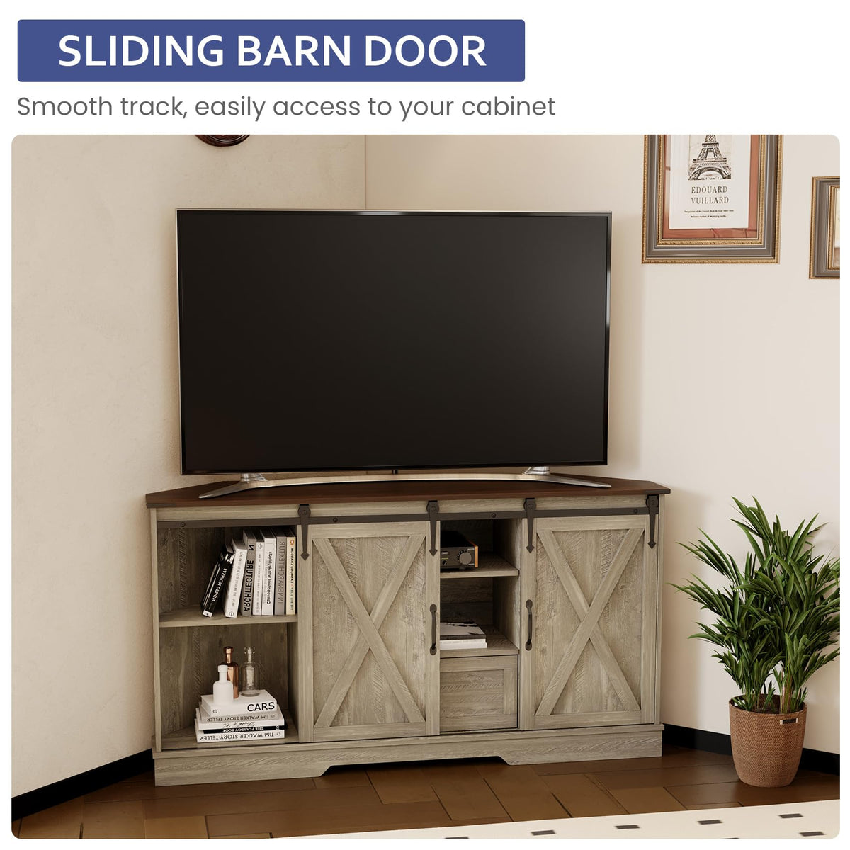 Corner TV Stand with Sliding Barn Door & Removable Shelves L242525