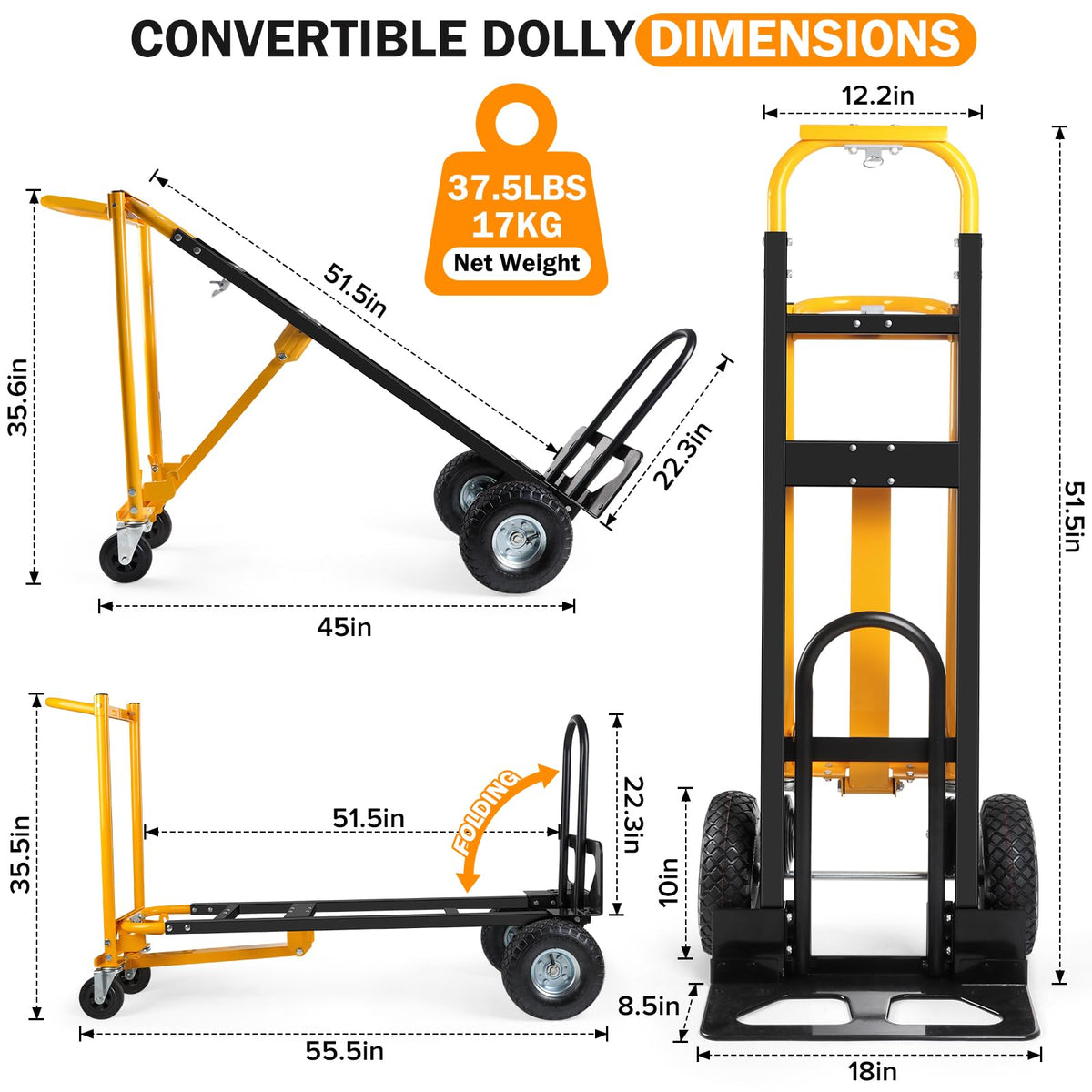 3 in 1 Convertible Hand Truck Dolly Cart with 10" Pneumatic Wheels, 1000LBS Capacity H891