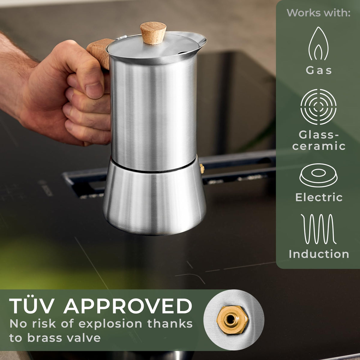 Stainless Steel Moka Pot 10oz Oak Wood Handle Stovetop Espresso Maker D60772