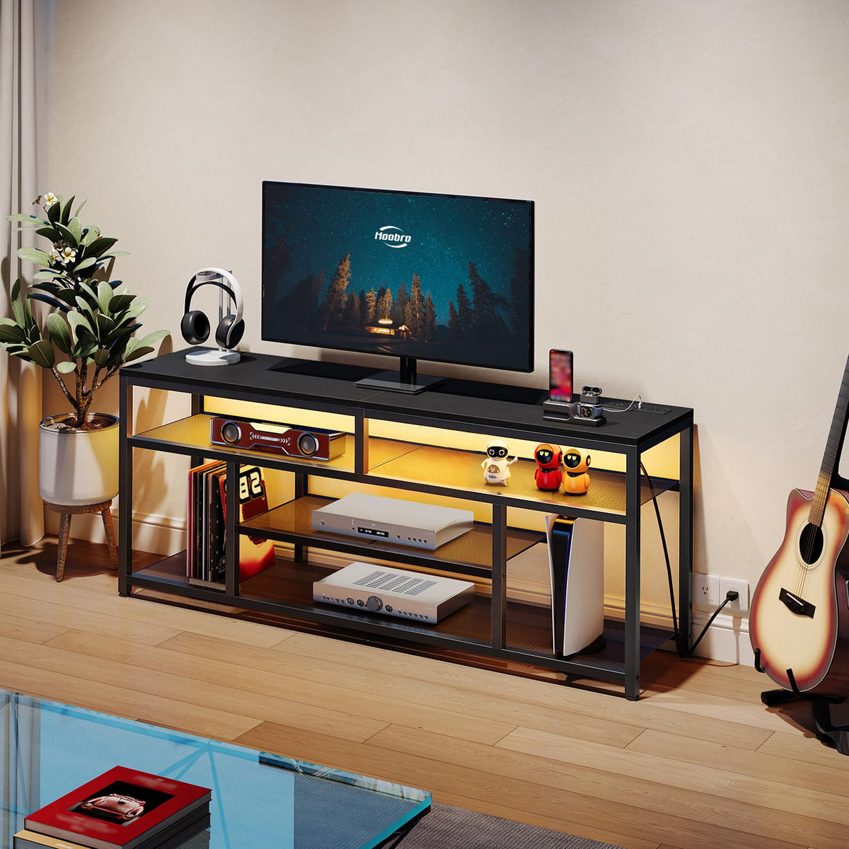 Black 4-Tier LED TV Stand with Charging Station A74160