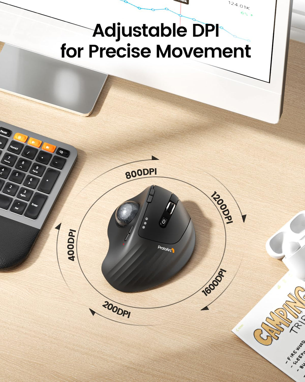 Wireless Rechargeable Gray Trackball Mouse D1832