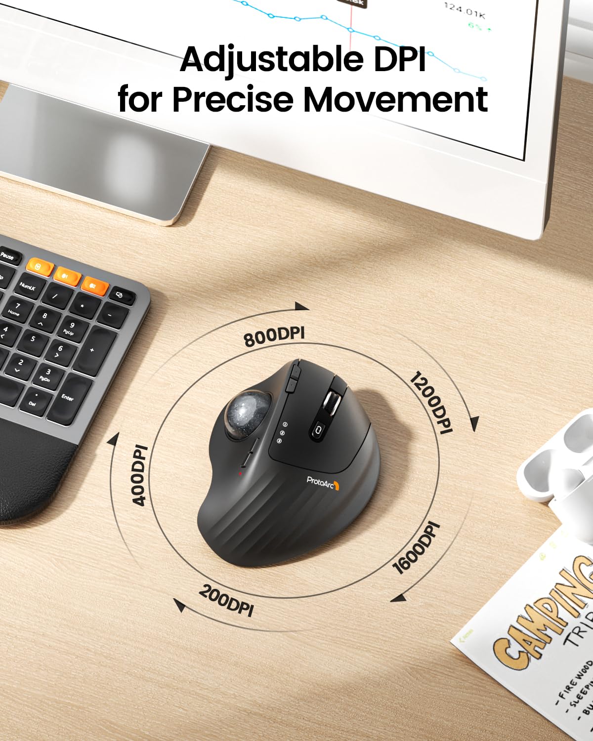 Wireless Rechargeable Gray Trackball Mouse D1832