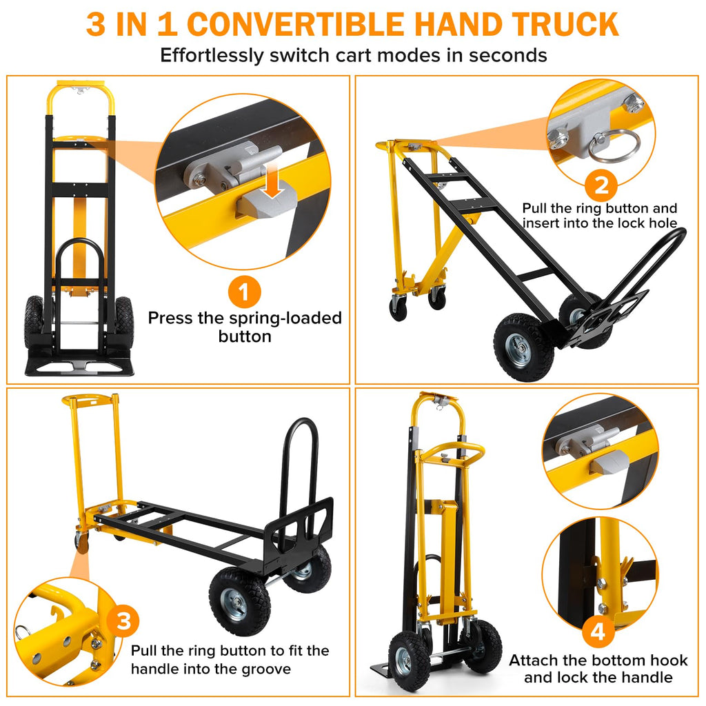 3 in 1 Convertible Hand Truck Dolly Cart with 10" Pneumatic Wheels, 1000LBS Capacity H891