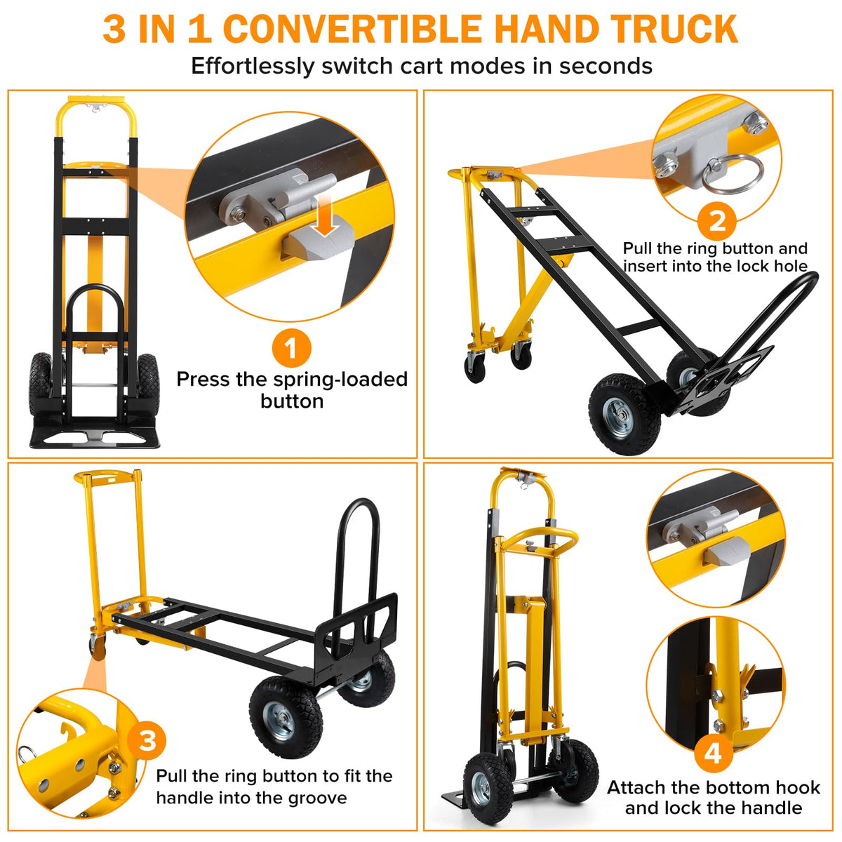 3 in 1 Convertible Hand Truck Dolly Cart with 10" Pneumatic Wheels, 1000LBS Capacity H891