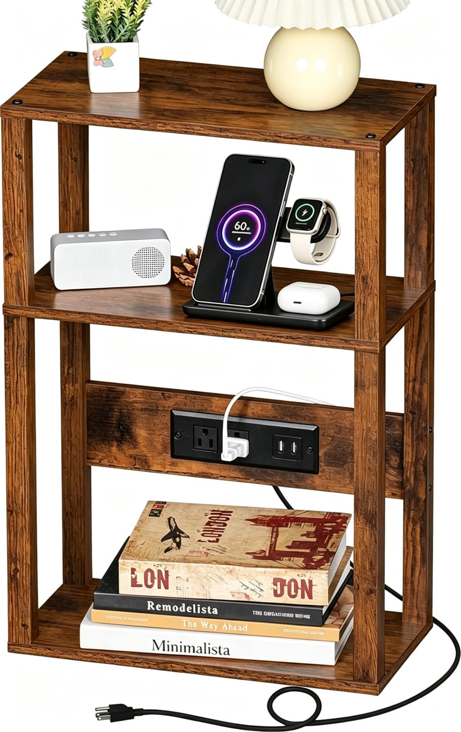 3-Tier Narrow Bedside Table with Charging Station D443
