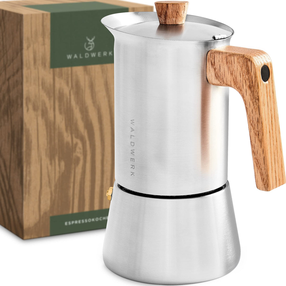 Stainless Steel Moka Pot 10oz Oak Wood Handle Stovetop Espresso Maker D60772
