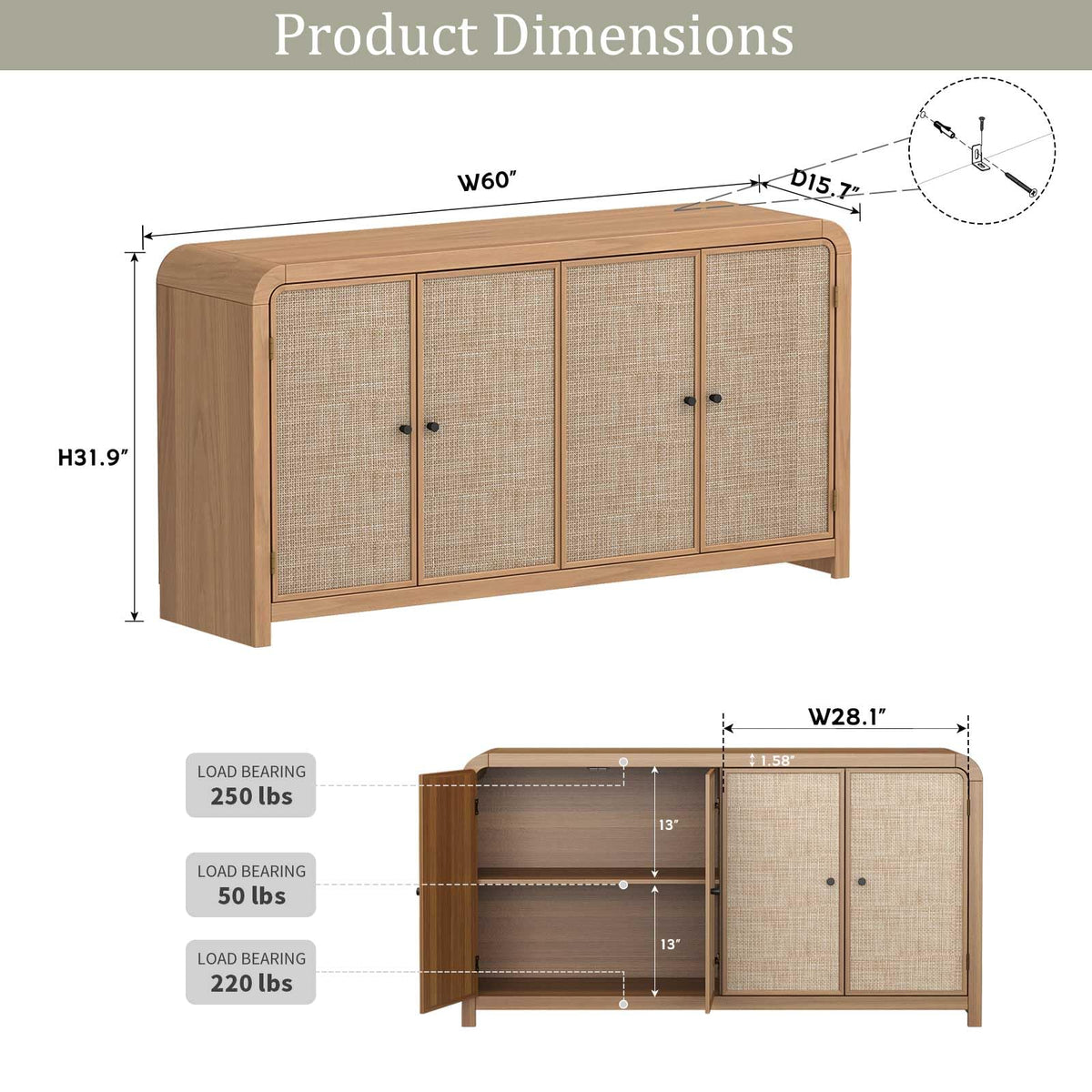 Oak Rattan Sideboard Buffet Cabinet H984