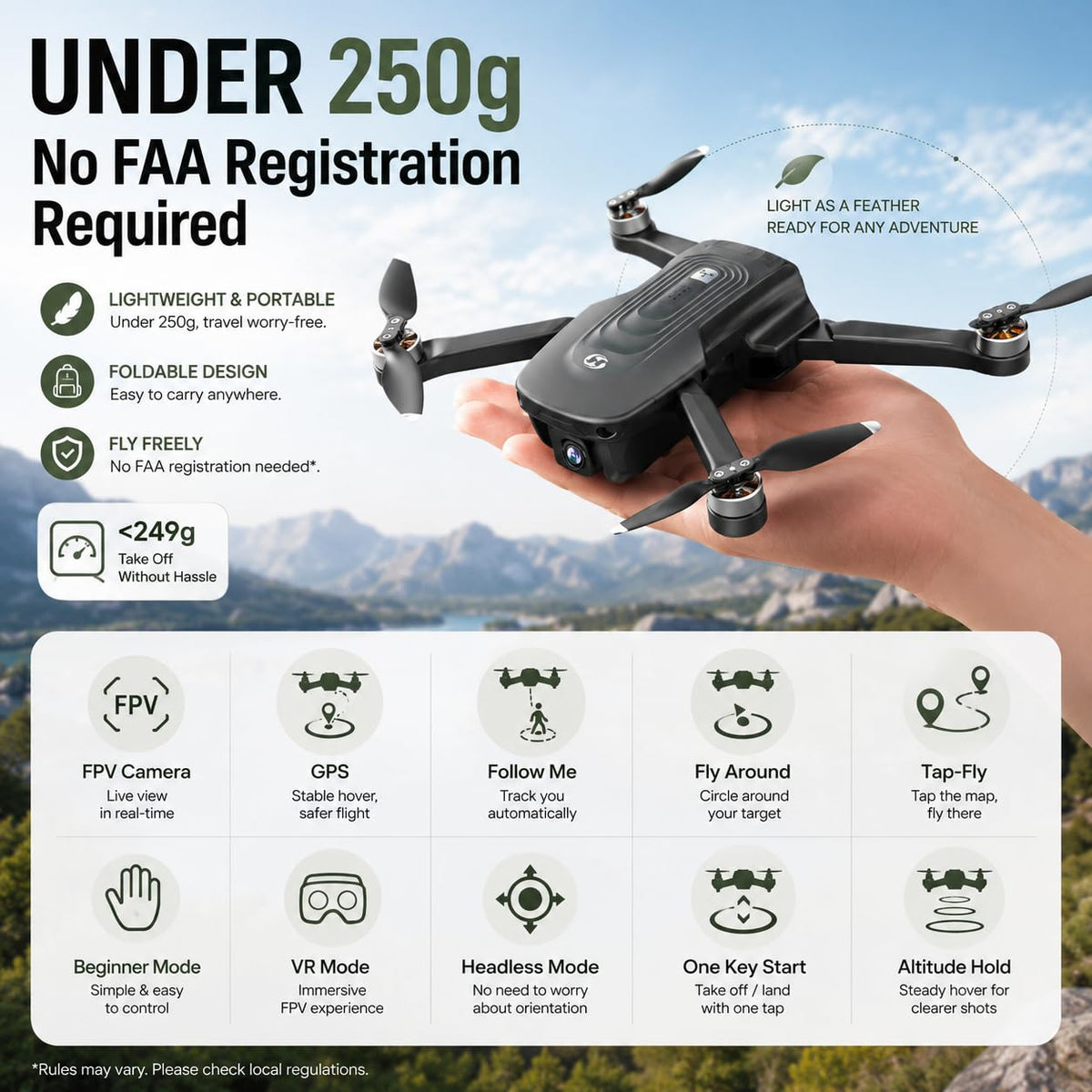 GPS Drone with 4K Camera, Under 249g Foldable RC Quadcopter N698101