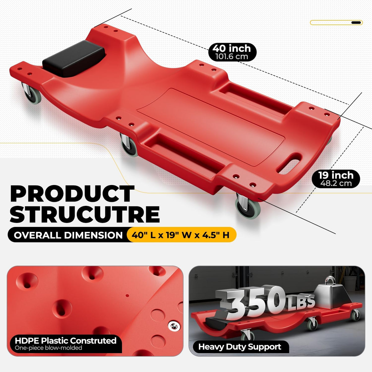 40 in Low-Profile Rolling Mechanic Creeper, Red M155