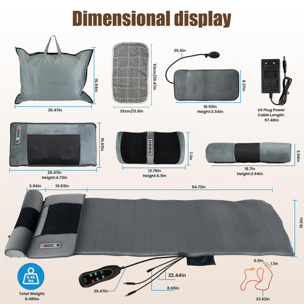 Full Body Massage Mat with Heat, 10 Vibrating Nodes, 9 Modes, 3 Heating Levels, Detachable Neck Foot Massager V28514