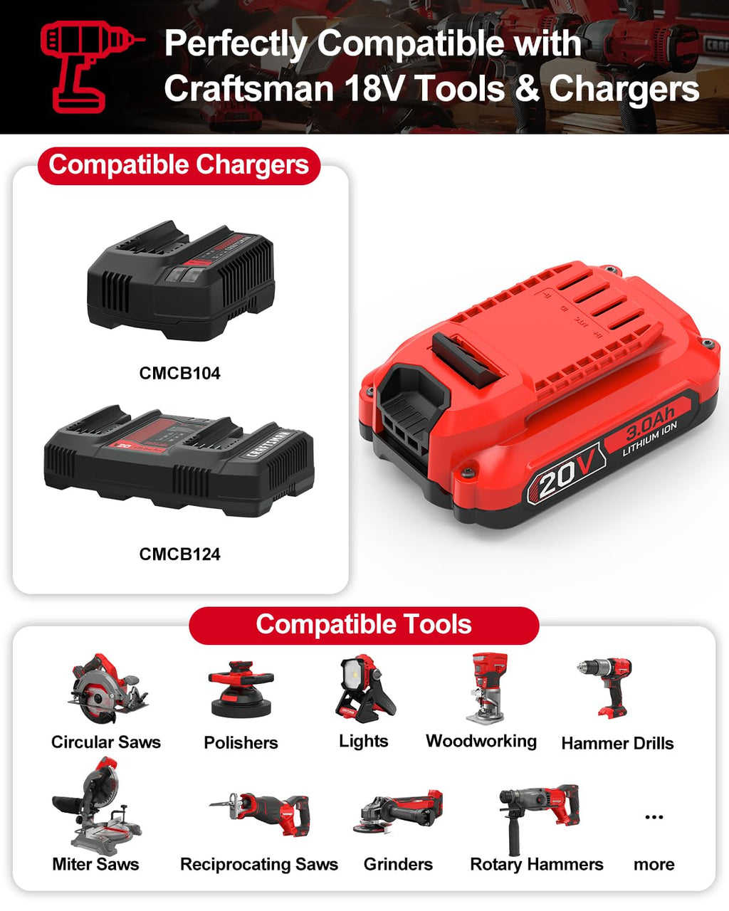3.0Ah Battery Replacement for Craftsman 20V O503