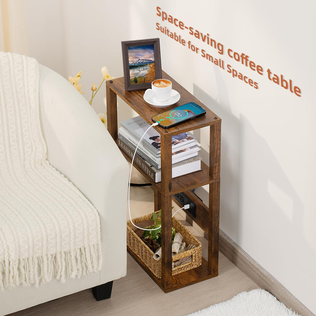 3-Tier Narrow Bedside Table with Charging Station D443