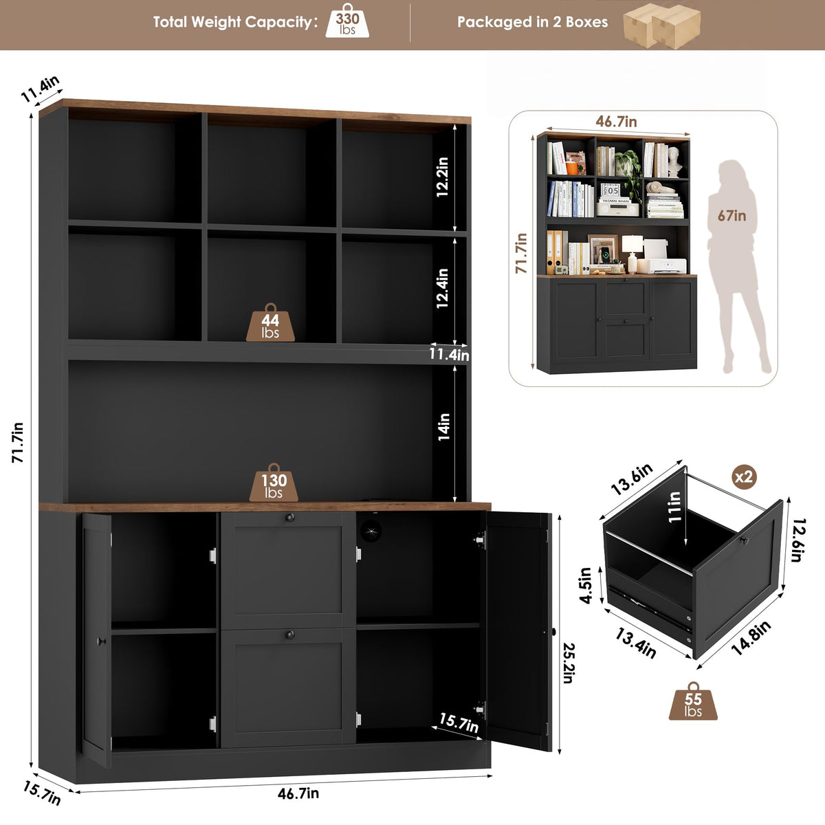 72'' Tall File Bookcase with Power Outlet & 2 Filing Drawers O600861
