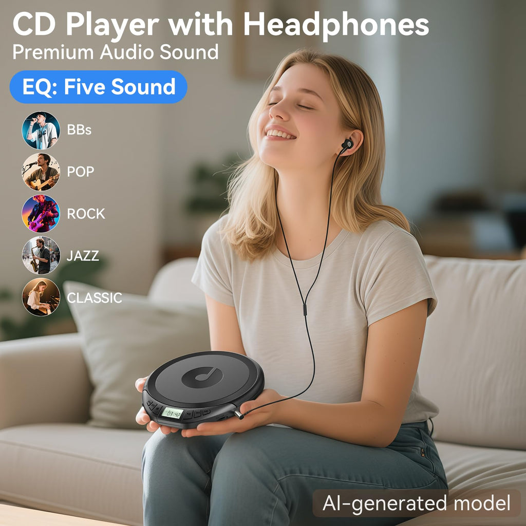 Portable CD Player with Headphones Anti-Skip Shockproof LCD Display U465