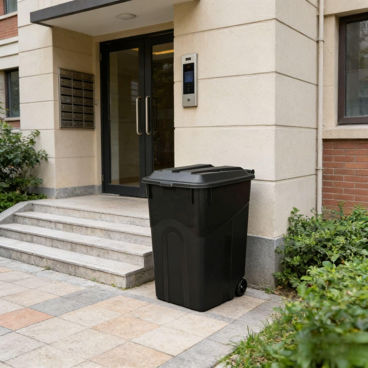 45 Gallon Black Wheeled Garbage Can with Attached Lid W7766