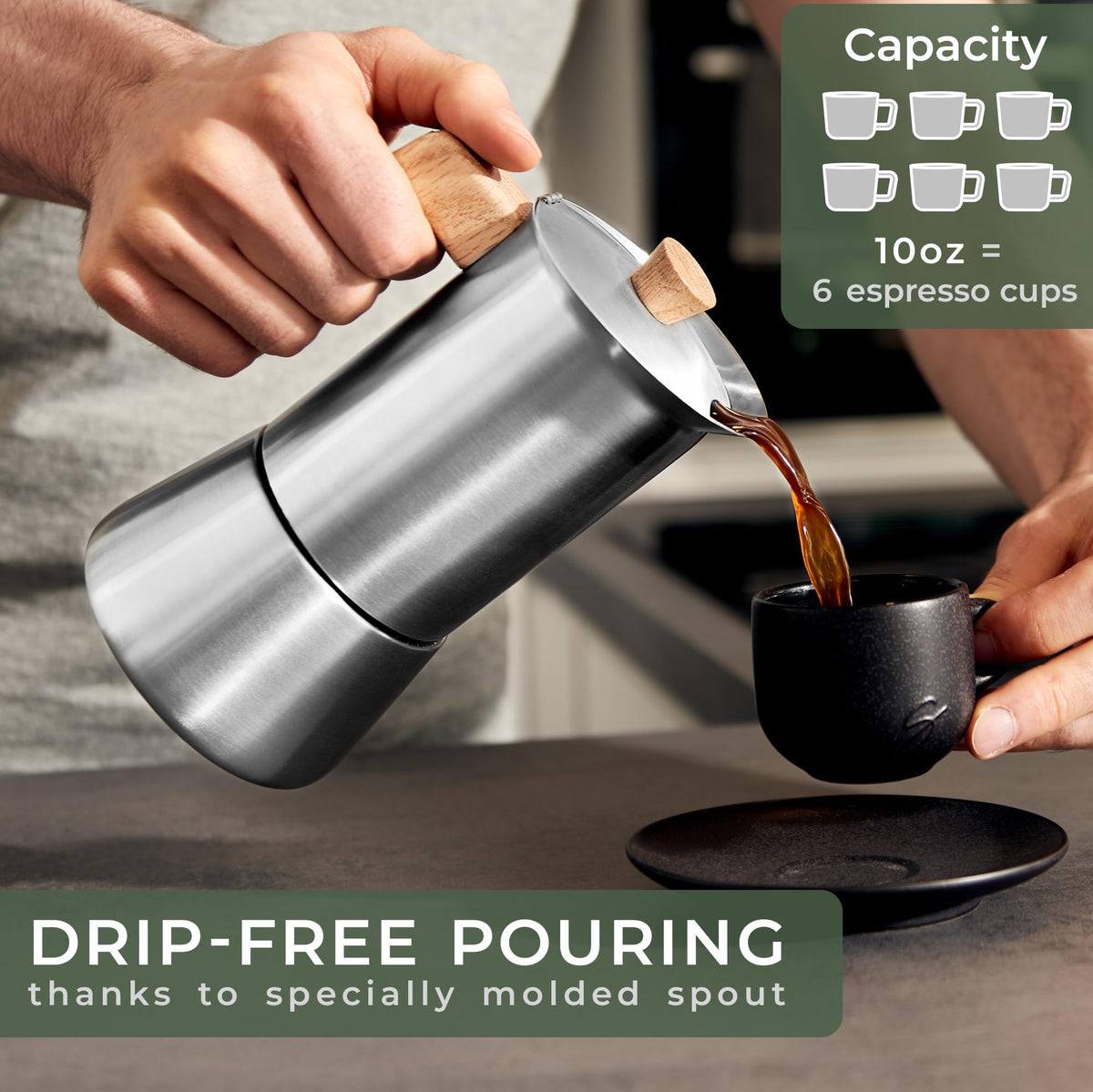 Stainless Steel Moka Pot 10oz Oak Wood Handle Stovetop Espresso Maker D60772