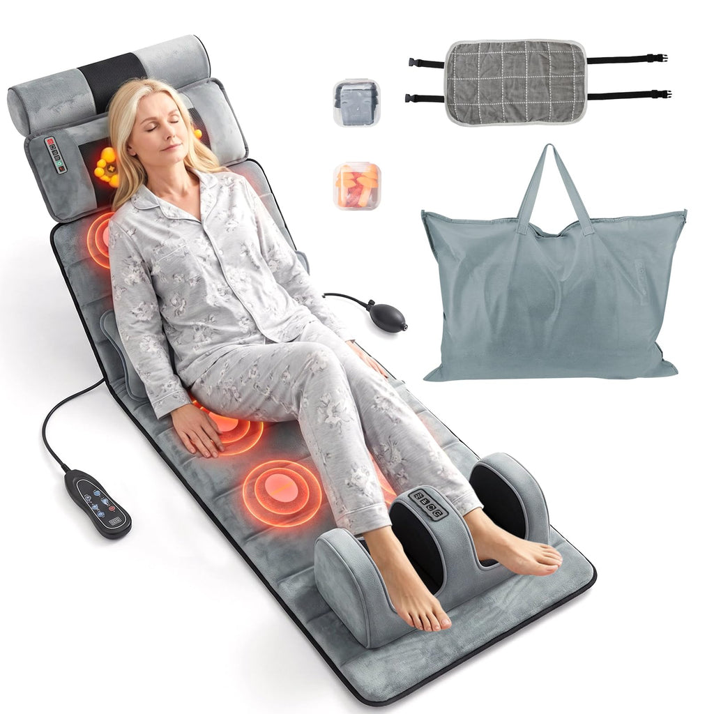 Full Body Massage Mat with Heat, 10 Vibrating Nodes, 9 Modes, 3 Heating Levels, Detachable Neck Foot Massager V28514