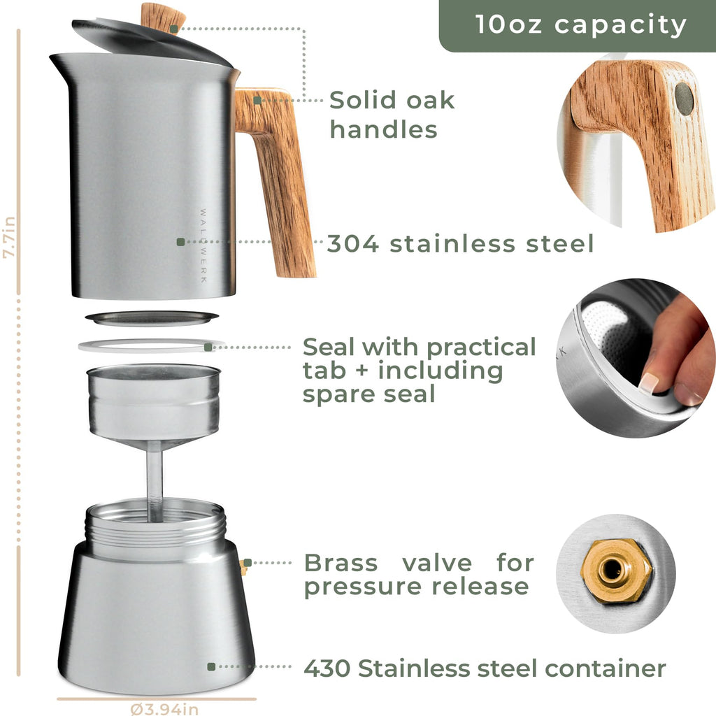 Stainless Steel Moka Pot 10oz Oak Wood Handle Stovetop Espresso Maker D60772