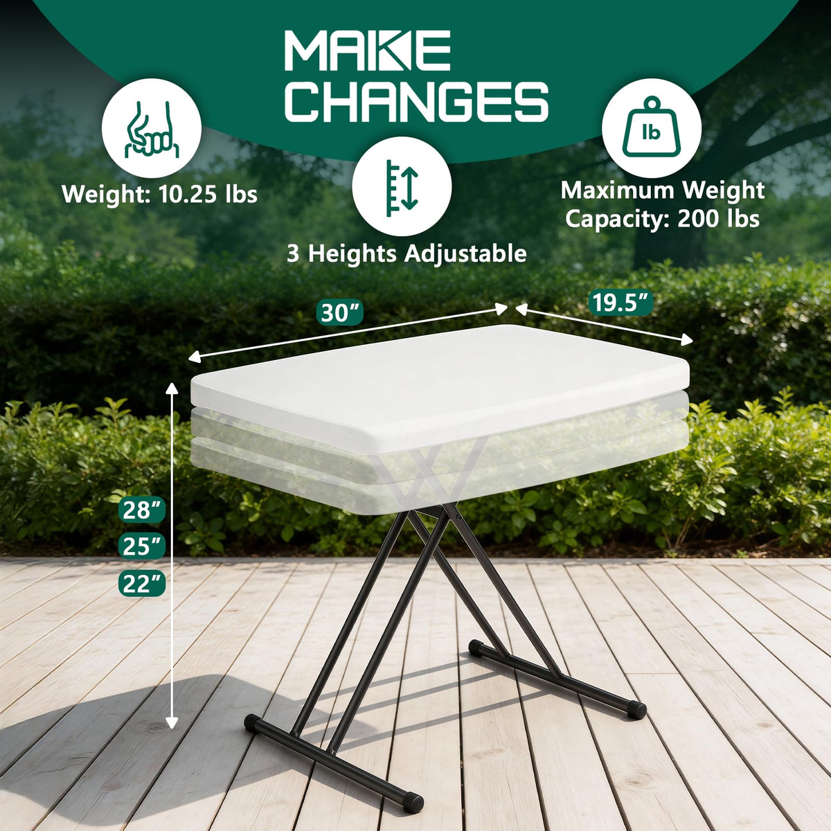 30in White Folding Table with Adjustable Height M905