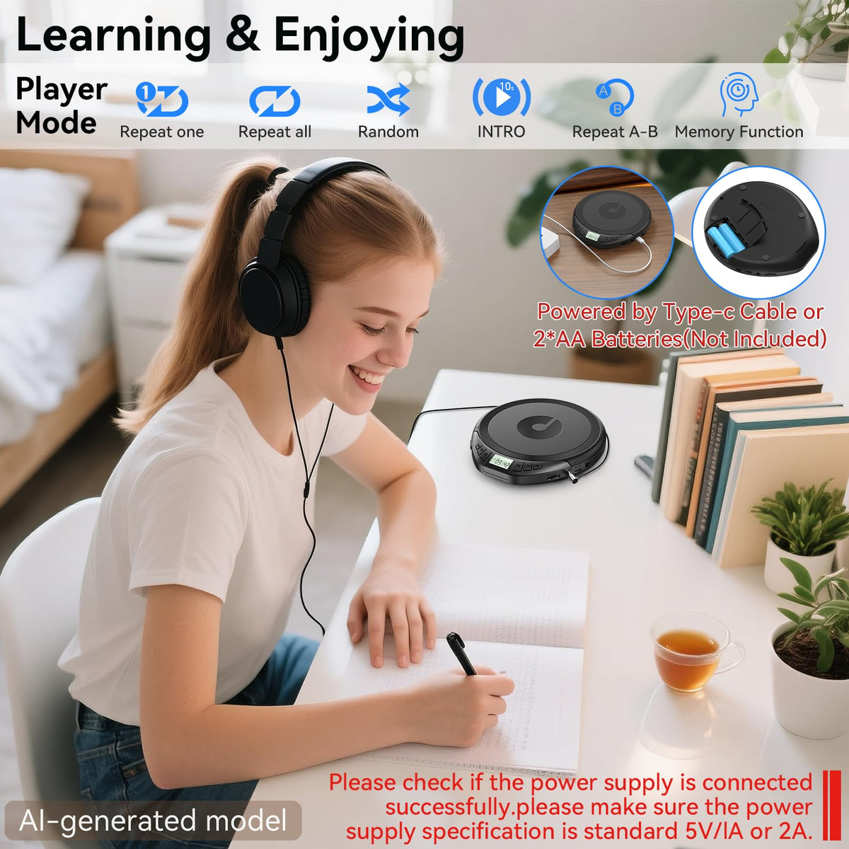Portable CD Player with Headphones Anti-Skip Shockproof LCD Display U465