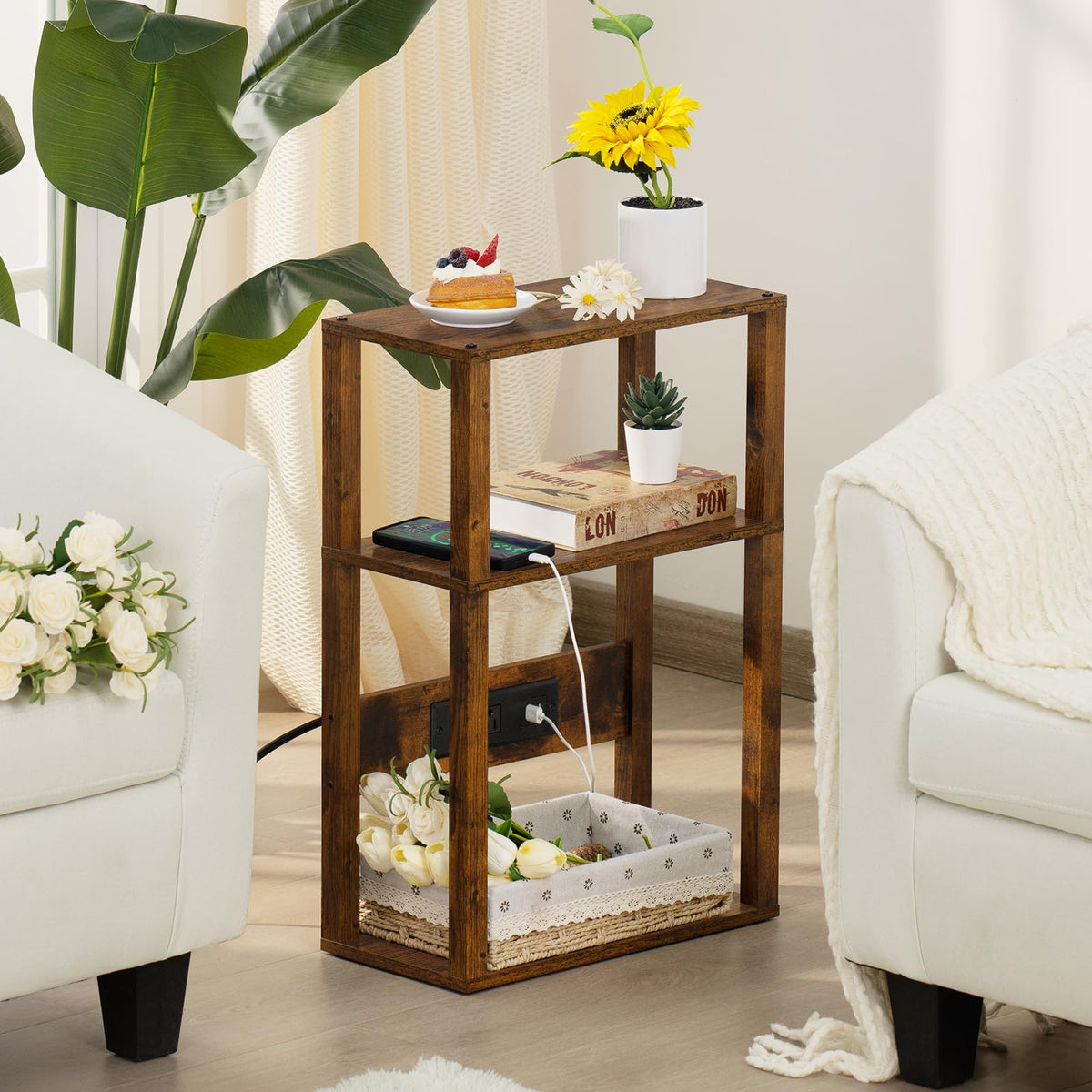 3-Tier Narrow Bedside Table with Charging Station D443