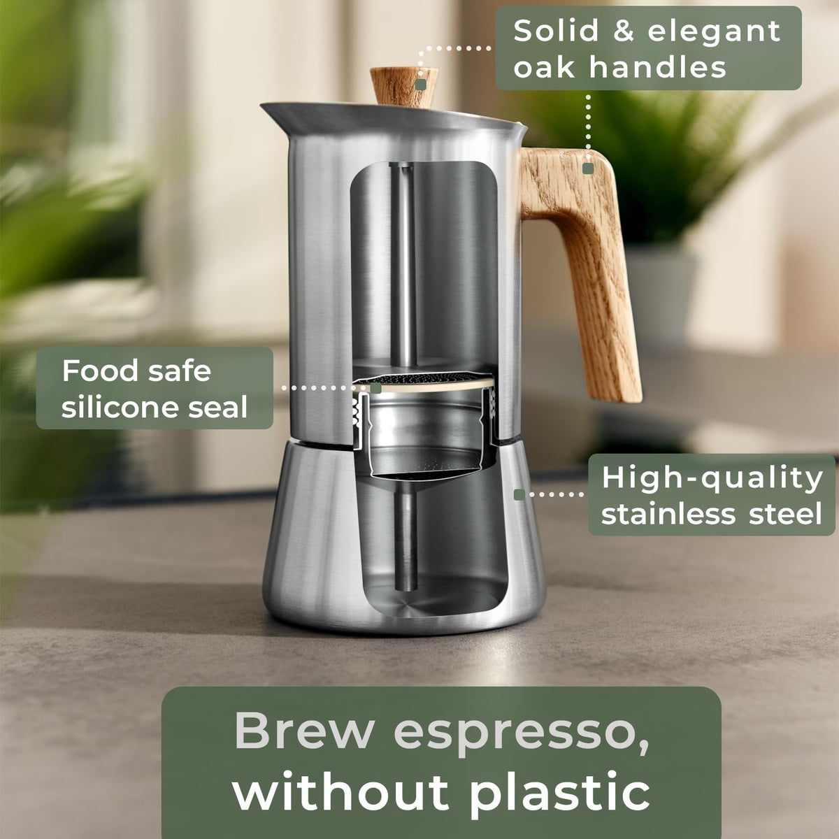 Stainless Steel Moka Pot 10oz Oak Wood Handle Stovetop Espresso Maker D60772