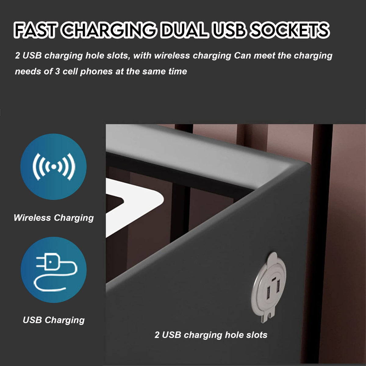 Gray Nightstands with Wireless Charging Station and USB Charging N8590