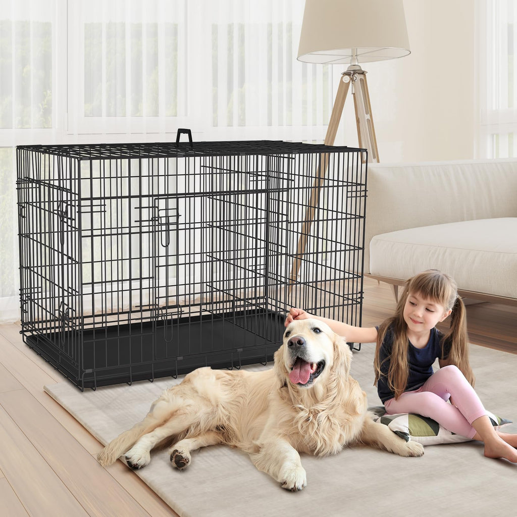 48 Inch Folding Metal Wire Dog Crate with Divider Panel & Removable Tray Y95225