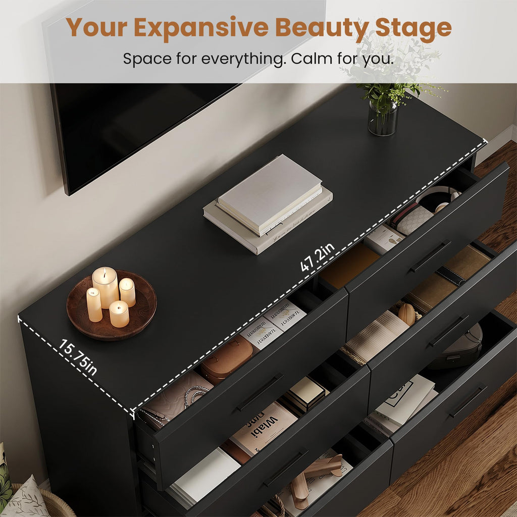 Black 6 Drawer Wood Dresser F699