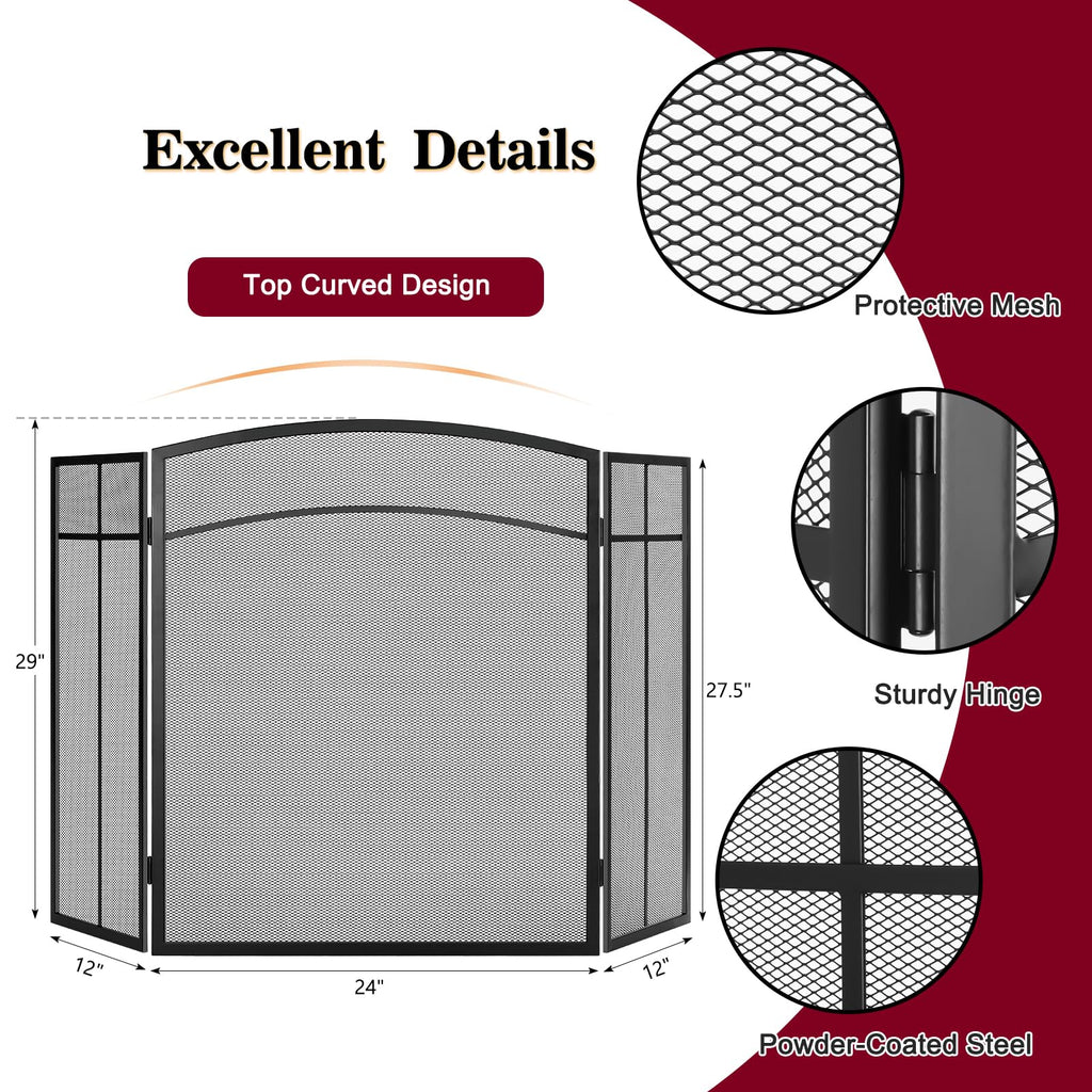 Black 3 Panel Steel Mesh Fireplace Screen P96849
