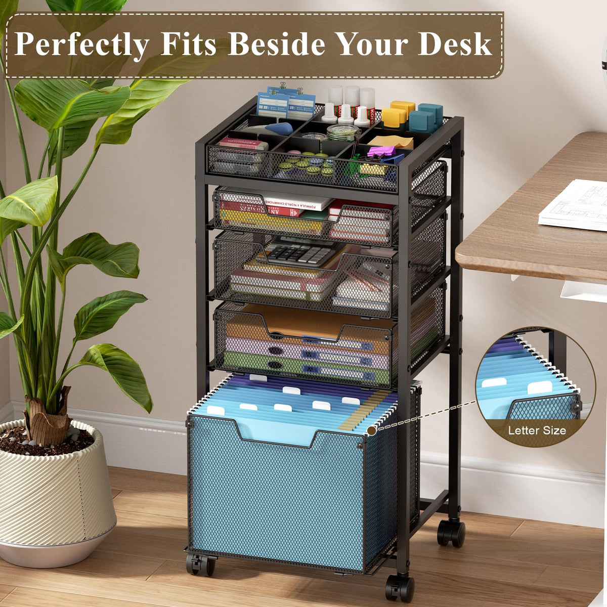 Rolling File Cart with 4 Storage Drawers, Black Metal W9676