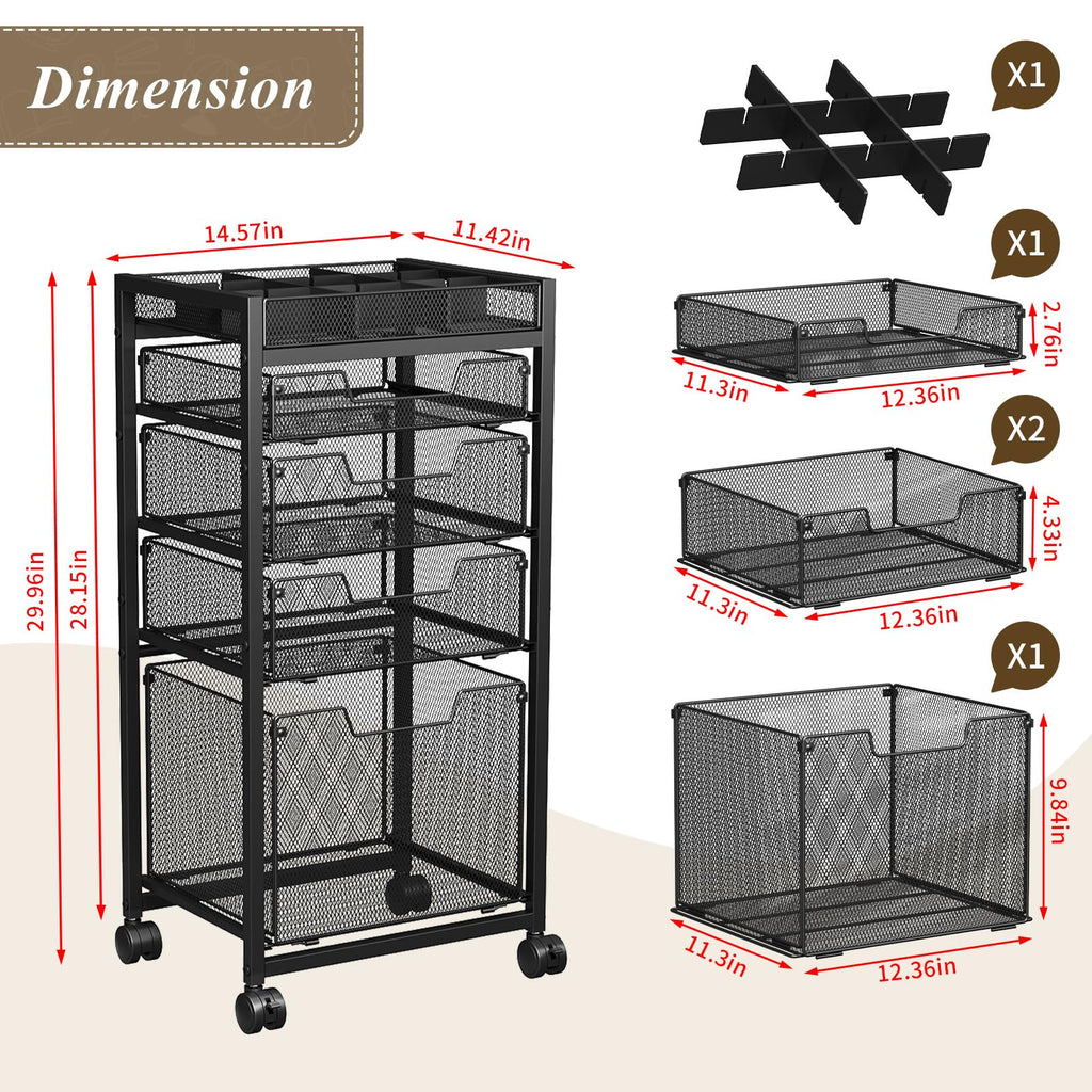 Rolling File Cart with 4 Storage Drawers, Black Metal W9676