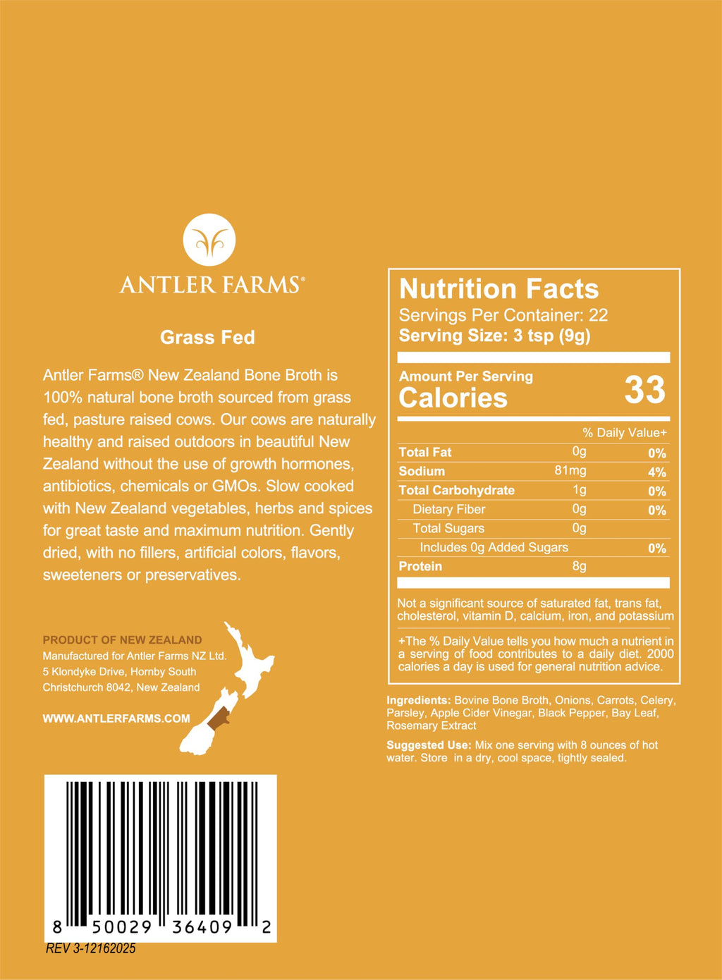 100% Grass Fed New Zealand Bone Broth Powder, 40 Servings, 200g T8569