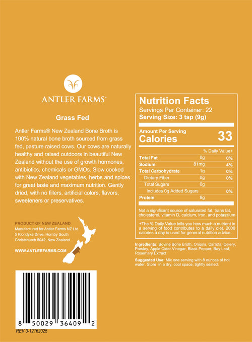 100% Grass Fed New Zealand Bone Broth Powder, 40 Servings, 200g T8569