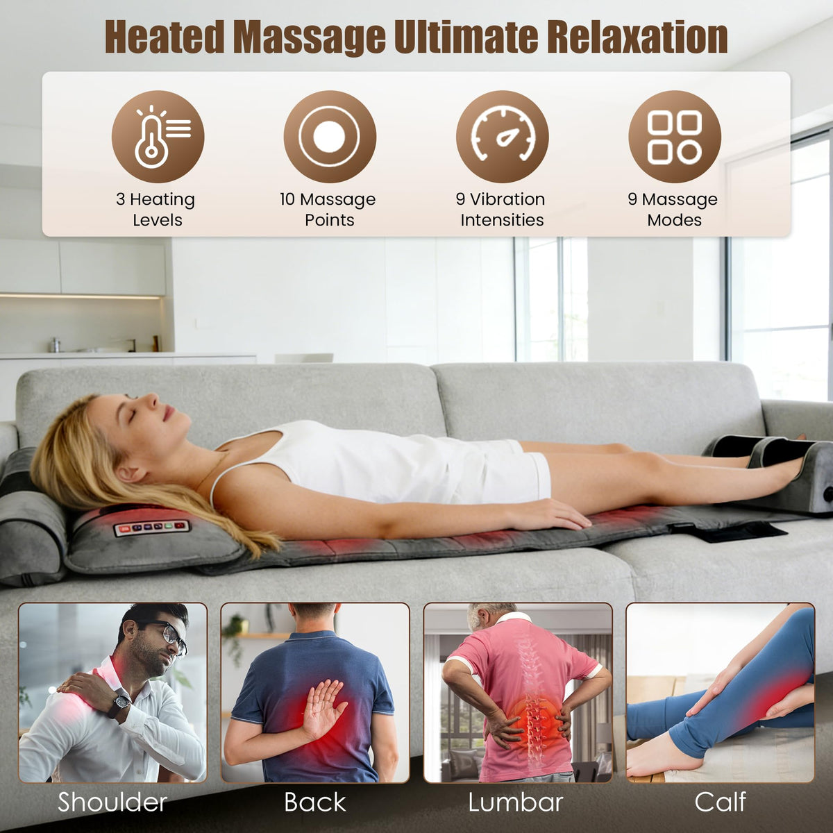 Full Body Massage Mat with Heat, 10 Vibrating Nodes, 9 Modes, 3 Heating Levels, Detachable Neck Foot Massager V28514