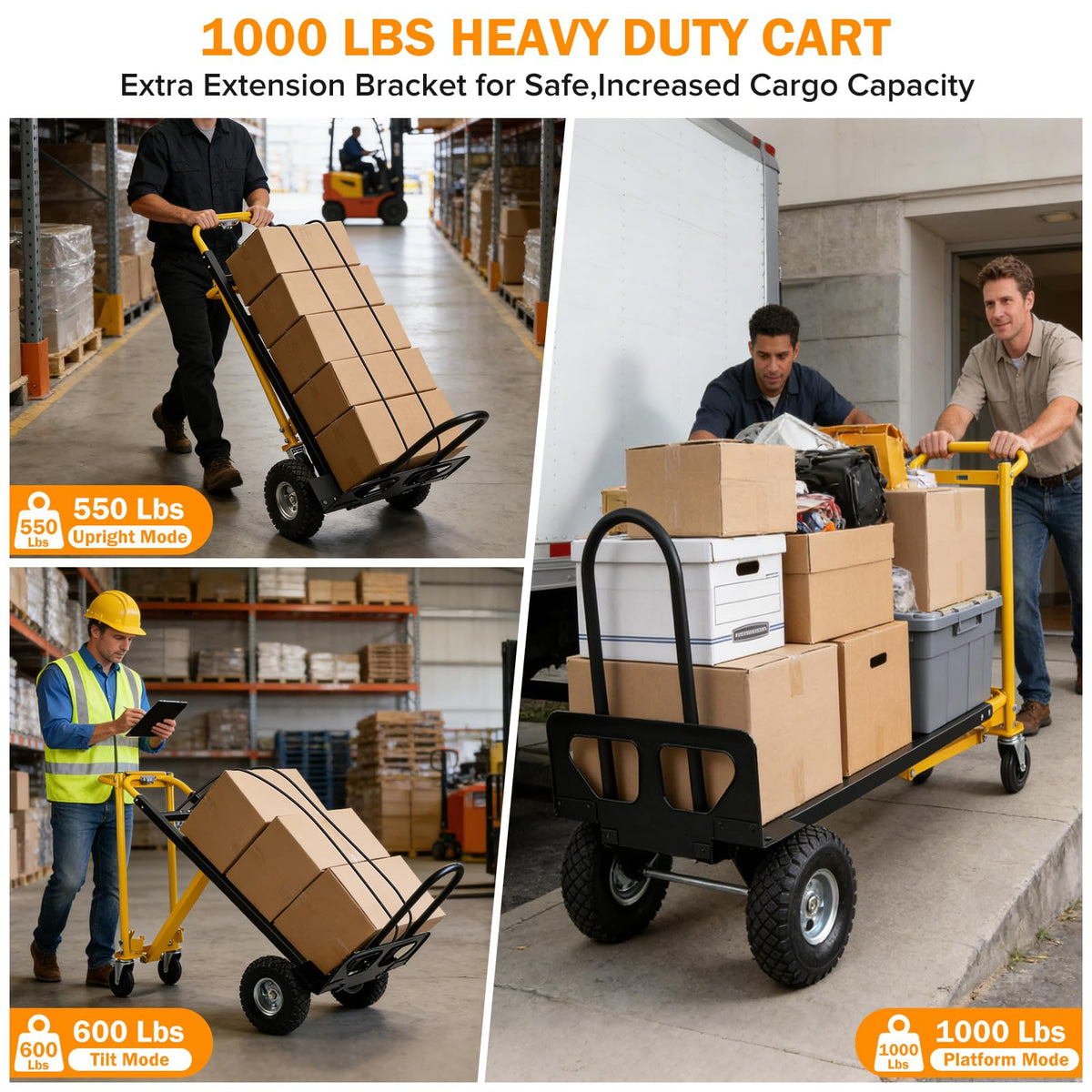 3 in 1 Convertible Hand Truck Dolly Cart with 10" Pneumatic Wheels, 1000LBS Capacity H891