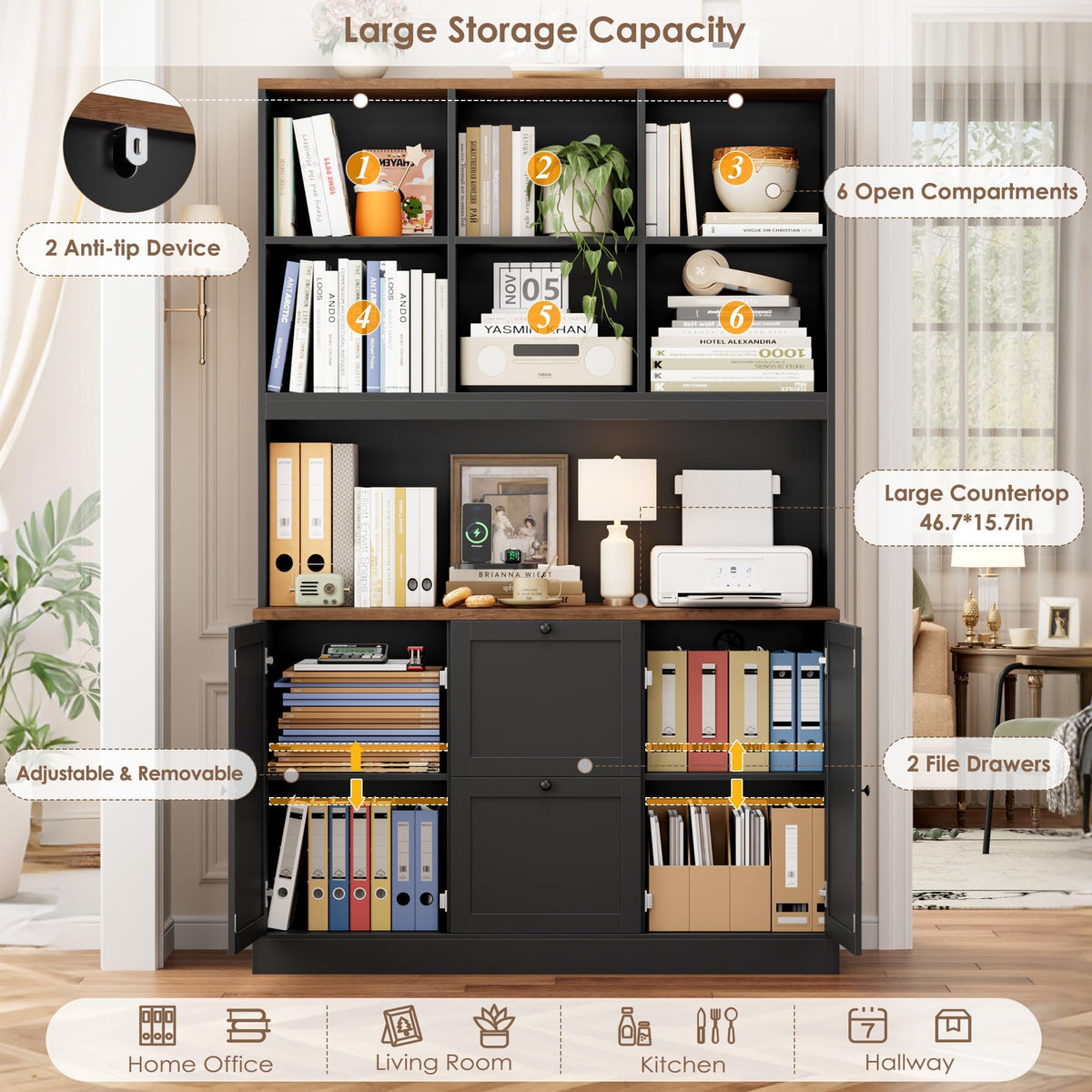 72'' Tall File Bookcase with Power Outlet & 2 Filing Drawers O600861