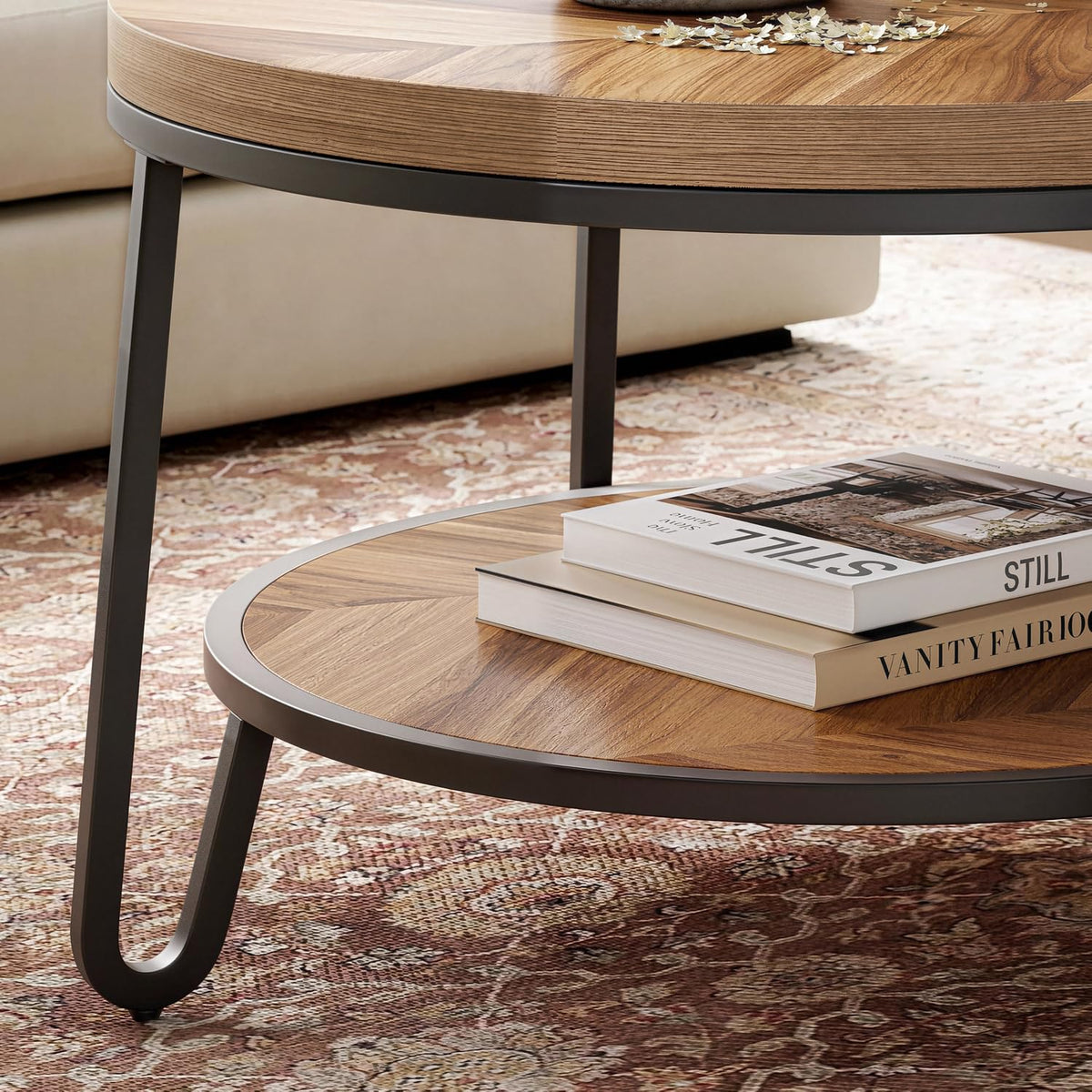 32" Round Coffee Table with 2-Tier Storage Shelf B9605
