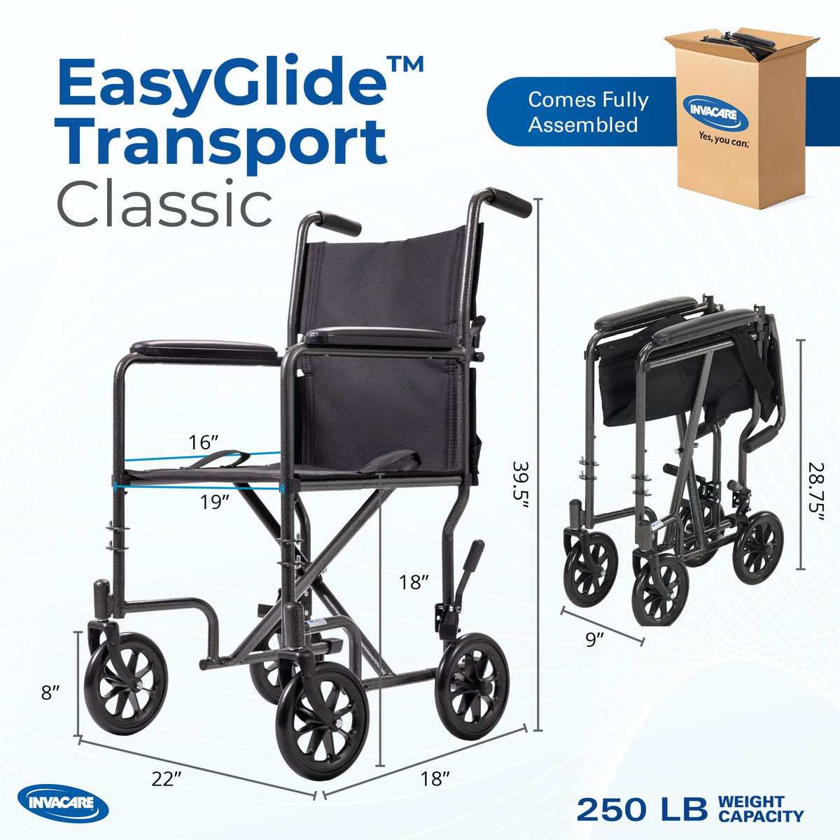 Compact Lightweight Steel Transport Wheelchair with 19in Seat E773