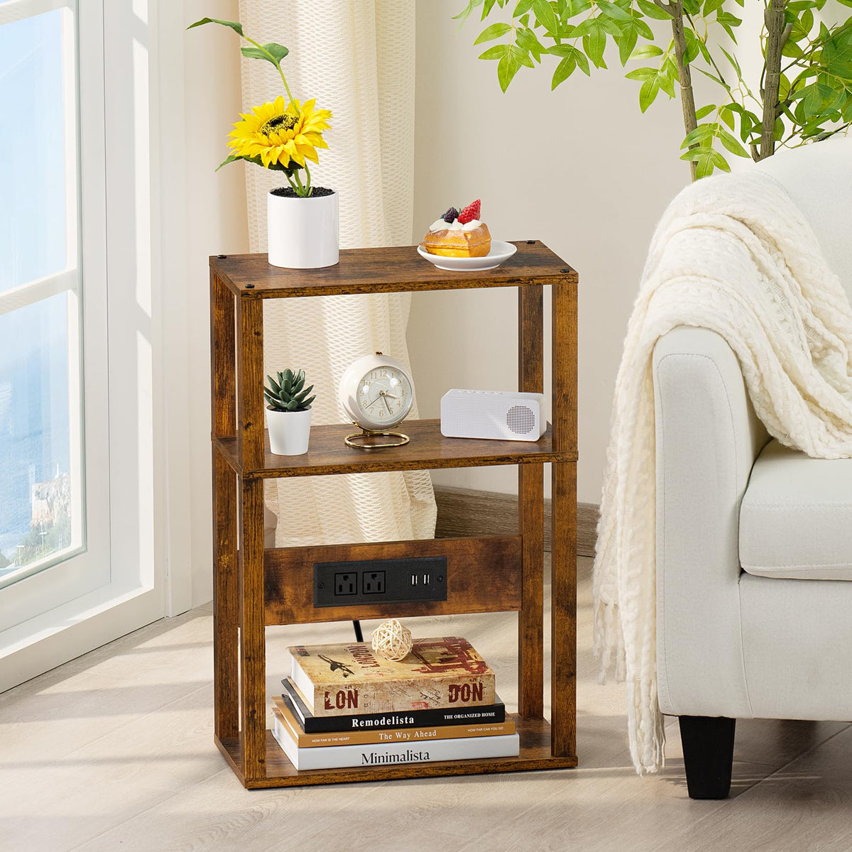 3-Tier Narrow Bedside Table with Charging Station D443